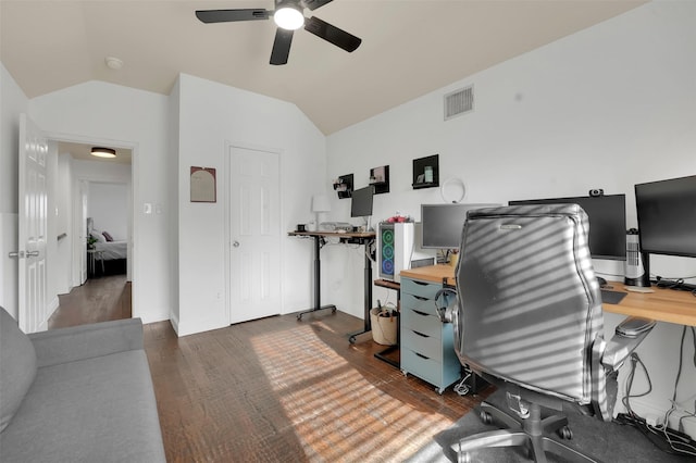 832 Lake Worth Trl, Little Elm, TX 75068 - home office featuring a ceiling fan, vaulted ceiling, wood finished floors, and baseboards