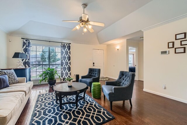 1628 High Pointe Ln, Cedar Hill, TX 75104 - living area featuring wood finished floors, plenty of natural light, crown molding, ceiling fan, and baseboards