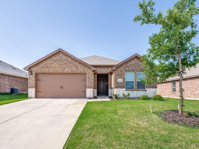 410 Wrangler Dr, Josephine, TX 75189 - ranch-style home with brick siding, an attached garage, a front lawn, driveway, and cooling unit
