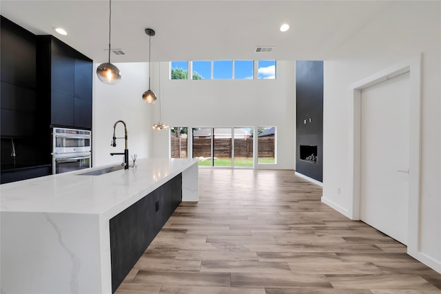 8356 Fairview Dr, Frisco, TX 75033 - kitchen with a sink, stainless steel double oven, modern cabinets, light wood-style floors, and pendant lighting