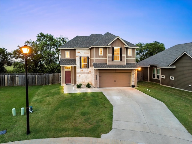 10517 Arabella Ln, Waco, TX 76708 - view of front of home featuring driveway, a shingled roof, a garage, stone siding, and board and batten siding
