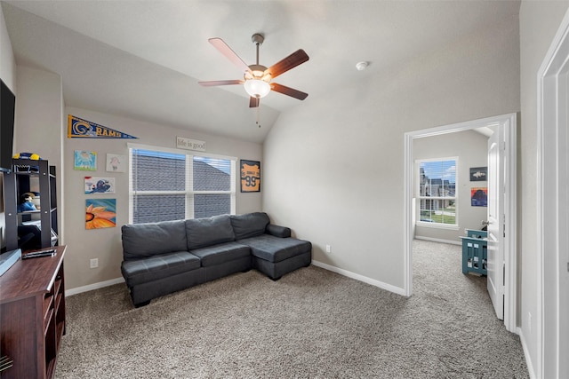 10517 Arabella Ln, Waco, TX 76708 - carpeted living room featuring a ceiling fan, lofted ceiling, and baseboards