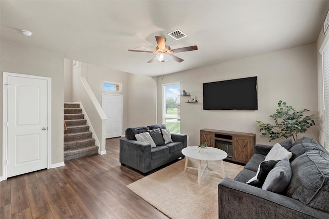 10517 Arabella Ln, Waco, TX 76708 - living room featuring stairway, a ceiling fan, wood finished floors, and baseboards