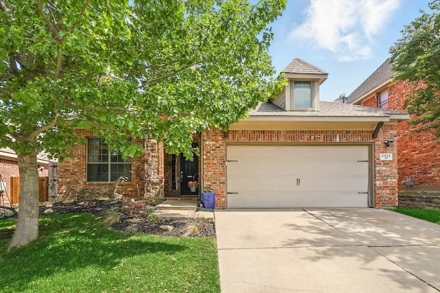 3425 Furlong Way, Fort Worth, TX 76244 - obstructed view of property featuring driveway, brick siding, a garage, a front lawn, and roof with shingles