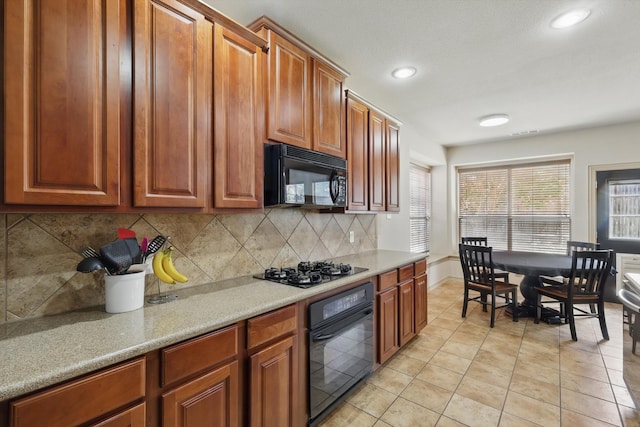 3425 Furlong Way, Fort Worth, TX 76244 - kitchen featuring black appliances, light tile patterned flooring, backsplash, light countertops, and recessed lighting