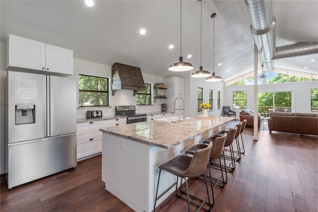 311 Oak Ln, Tool, TX 75143 - kitchen with stainless steel appliances, a sink, premium range hood, lofted ceiling, and light stone counters
