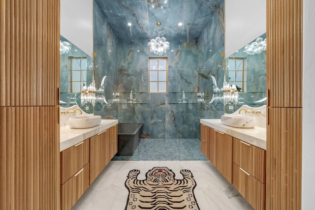 2600 Lakeview Ct, Prosper, TX 75078 - full bath featuring a marble finish shower, two vanities, a freestanding bath, and a chandelier