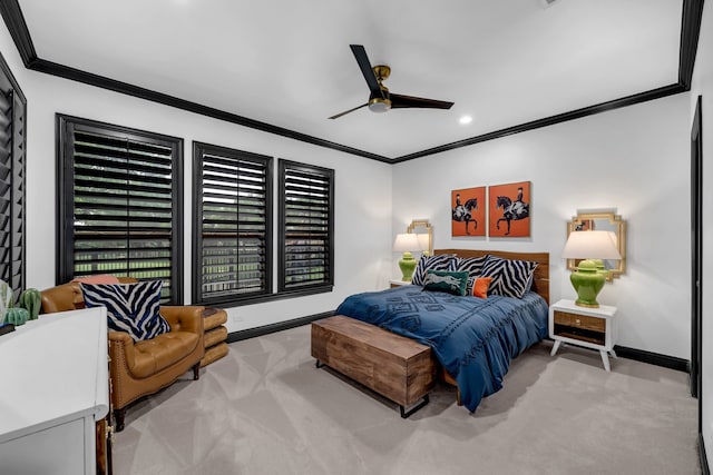 2600 Lakeview Ct, Prosper, TX 75078 - bedroom featuring carpet floors, ornamental molding, baseboards, recessed lighting, and ceiling fan