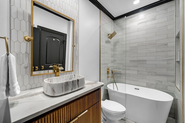 2600 Lakeview Ct, Prosper, TX 75078 - bathroom featuring a soaking tub, vanity, toilet, crown molding, and recessed lighting