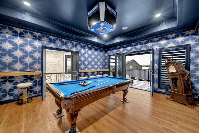 2600 Lakeview Ct, Prosper, TX 75078 - playroom featuring crown molding, healthy amount of natural light, pool table, wood finished floors, and wallpapered walls