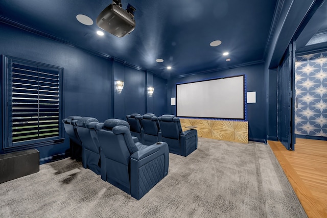 2600 Lakeview Ct, Prosper, TX 75078 - carpeted home theater room featuring ornamental molding, recessed lighting, and baseboards