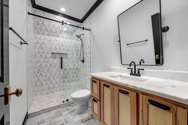 2600 Lakeview Ct, Prosper, TX 75078 - bathroom with toilet, crown molding, vanity, marble look tile flooring, and a shower stall