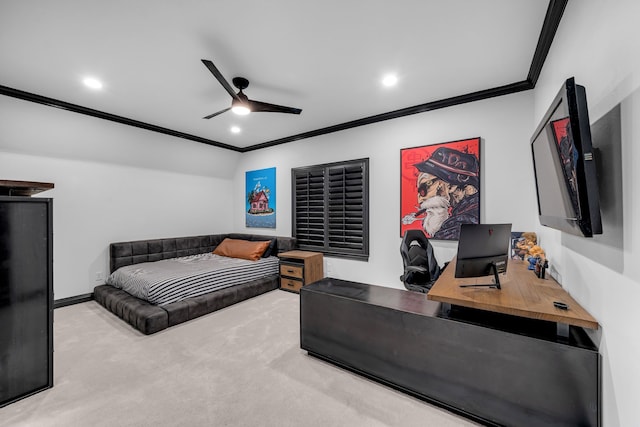 2600 Lakeview Ct, Prosper, TX 75078 - bedroom with ornamental molding, carpet, an office area, recessed lighting, and a ceiling fan