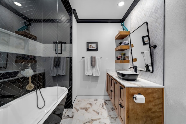 2600 Lakeview Ct, Prosper, TX 75078 - bathroom featuring vanity, a bathtub, crown molding, marble finish flooring, and a shower with door