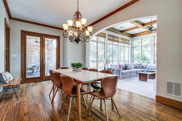 3704 Imperial Dr, Flower Mound, TX 75028 - dining space with a ceiling fan, coffered ceiling, healthy amount of natural light, ornamental molding, and beam ceiling