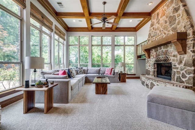 3704 Imperial Dr, Flower Mound, TX 75028 - living room with light carpet, ceiling fan, healthy amount of natural light, beamed ceiling, and coffered ceiling
