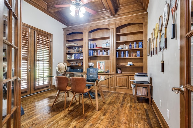 3704 Imperial Dr, Flower Mound, TX 75028 - office space with ornamental molding, ceiling fan, coffered ceiling, dark wood-style floors, and built in shelves