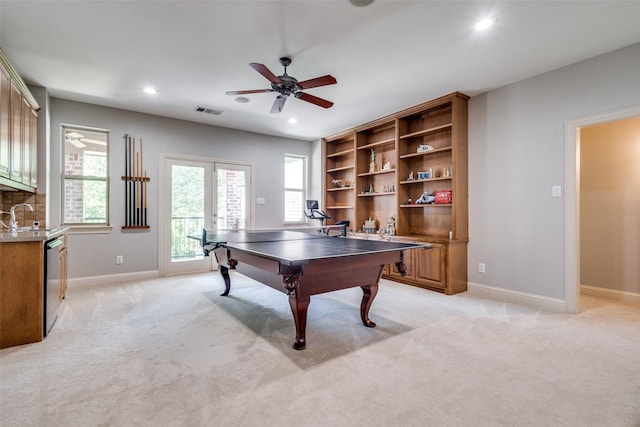 3704 Imperial Dr, Flower Mound, TX 75028 - playroom with baseboards, recessed lighting, a ceiling fan, light colored carpet, and a sink