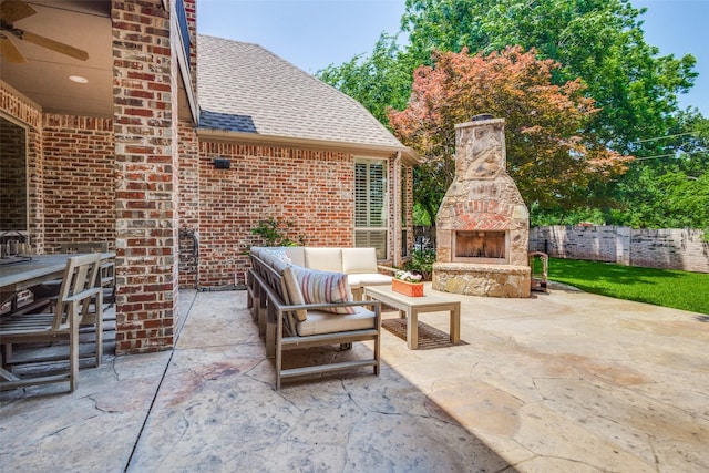 3704 Imperial Dr, Flower Mound, TX 75028 - view of patio / terrace featuring an outdoor living space with a fireplace and ceiling fan