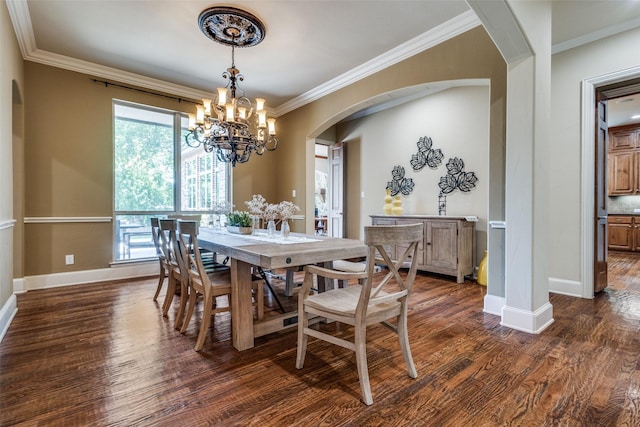 3704 Imperial Dr, Flower Mound, TX 75028 - dining space with arched walkways, baseboards, ornamental molding, dark wood-type flooring, and a chandelier
