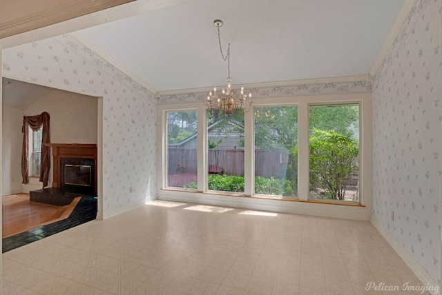 605 Erie St, Shreveport, LA 71106 - unfurnished dining area featuring wallpapered walls, a chandelier, crown molding, tile patterned floors, and baseboards