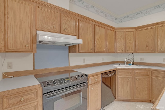 605 Erie St, Shreveport, LA 71106 - kitchen featuring dishwasher, stainless steel range with electric cooktop, under cabinet range hood, a sink, and light countertops