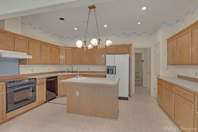 605 Erie St, Shreveport, LA 71106 - kitchen with white refrigerator with ice dispenser, black dishwasher, under cabinet range hood, range with electric cooktop, and a chandelier