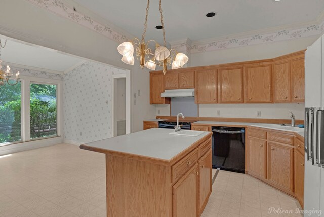 605 Erie St, Shreveport, LA 71106 - kitchen featuring black appliances, a chandelier, a sink, under cabinet range hood, and wallpapered walls