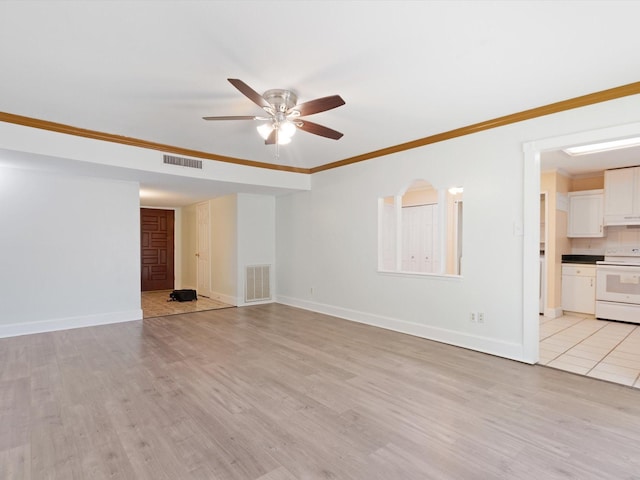424 Bluebonnet Trl, Garland, TX 75043 - unfurnished living room with ceiling fan, light wood finished floors, baseboards, and crown molding