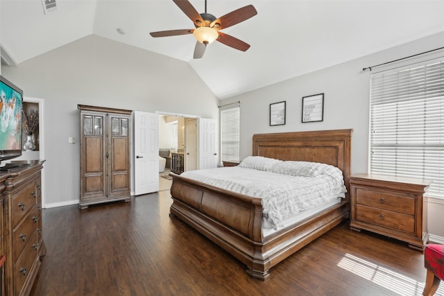 1908 Longfellow Ln, Flower Mound, TX 75028 - bedroom featuring vaulted ceiling, dark wood-style flooring, a ceiling fan, and baseboards