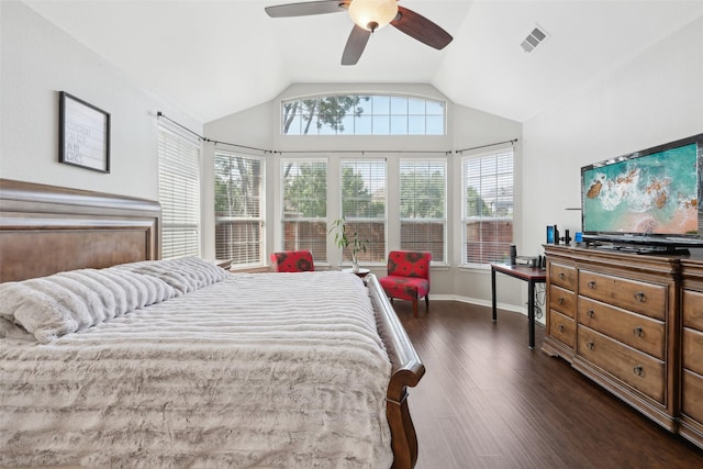 1908 Longfellow Ln, Flower Mound, TX 75028 - bedroom featuring dark wood-type flooring, lofted ceiling, ceiling fan, and baseboards