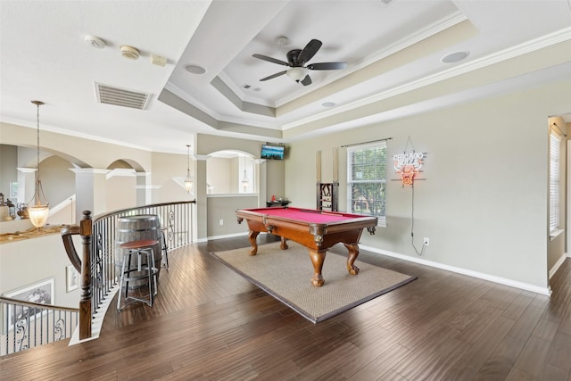 1908 Longfellow Ln, Flower Mound, TX 75028 - playroom with a tray ceiling, crown molding, arched walkways, ceiling fan, and pool table