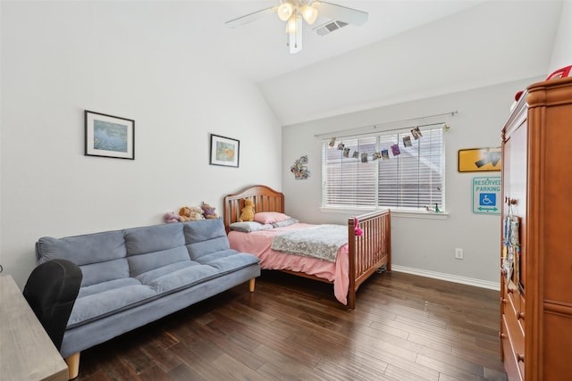 1908 Longfellow Ln, Flower Mound, TX 75028 - bedroom featuring lofted ceiling, baseboards, dark wood-style flooring, and ceiling fan