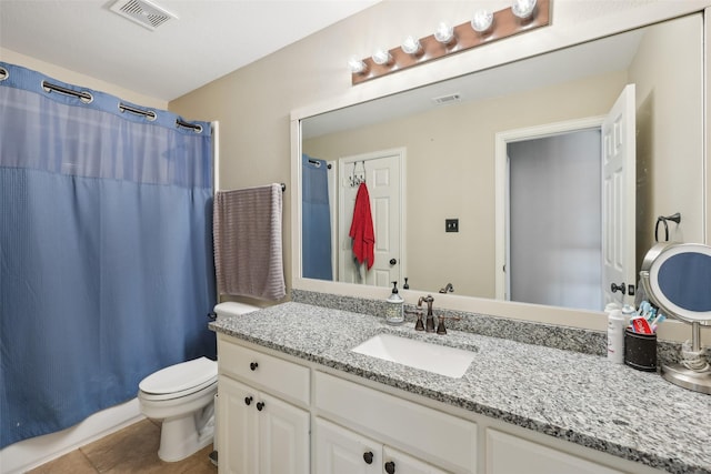 1908 Longfellow Ln, Flower Mound, TX 75028 - full bathroom with vanity, toilet, tile patterned floors, and shower / tub combo with curtain
