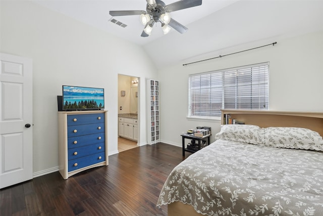 1908 Longfellow Ln, Flower Mound, TX 75028 - bedroom with wood finished floors, vaulted ceiling, baseboards, a ceiling fan, and ensuite bathroom