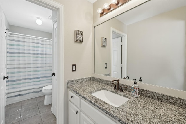 1908 Longfellow Ln, Flower Mound, TX 75028 - bathroom with vanity, toilet, tile patterned flooring, and curtained shower