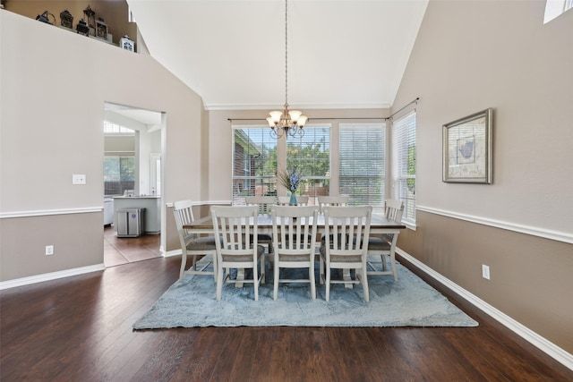 1908 Longfellow Ln, Flower Mound, TX 75028 - dining space featuring healthy amount of natural light, a chandelier, wood finished floors, baseboards, and high vaulted ceiling
