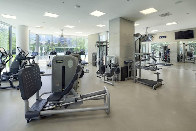2900 Mckinnon St Unit 604, Dallas, TX 75201 - workout area with a ceiling fan and a wall of windows
