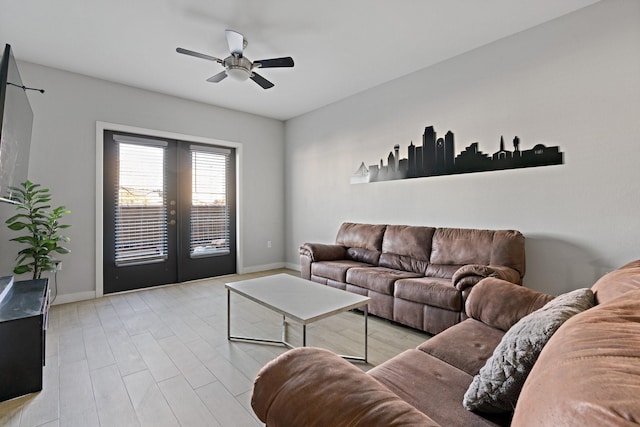 5609 Smu Blvd Unit 205, Dallas, TX 75206 - living room featuring french doors, a ceiling fan, baseboards, and light wood-style floors
