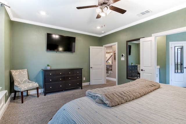 10140 Kingsland Trl, Mckinney, TX 75072 - bedroom featuring ornamental molding, carpet flooring, baseboards, and a ceiling fan