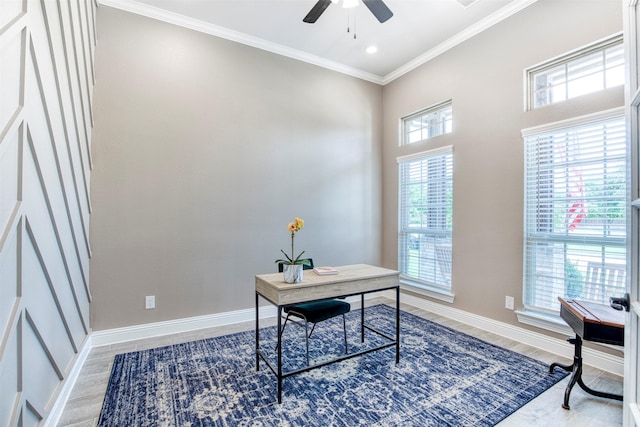 10140 Kingsland Trl, Mckinney, TX 75072 - home office with a ceiling fan, ornamental molding, wood finished floors, baseboards, and recessed lighting