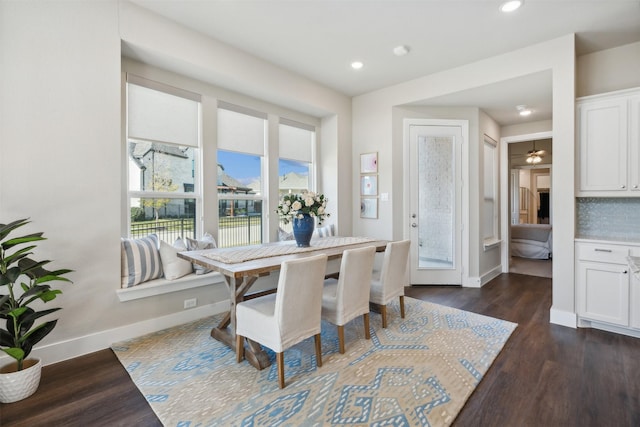 14436 Greymoore Cir, Fort Worth, TX 76008 - dining area featuring dark wood-type flooring, baseboards, recessed lighting, and ceiling fan