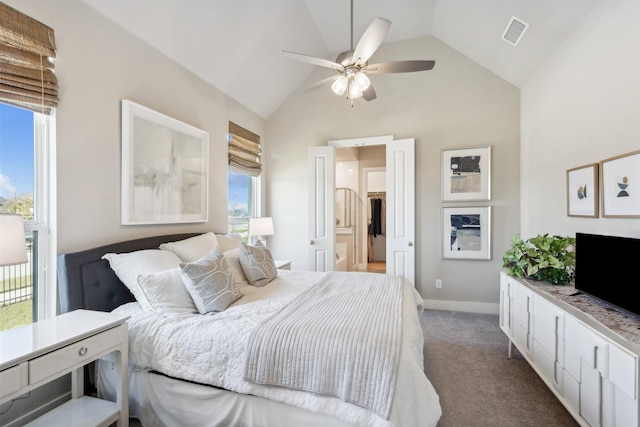 14436 Greymoore Cir, Fort Worth, TX 76008 - bedroom with carpet floors, high vaulted ceiling, baseboards, ensuite bath, and ceiling fan