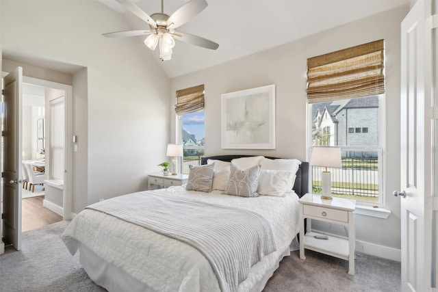 14436 Greymoore Cir, Fort Worth, TX 76008 - bedroom featuring carpet floors, baseboards, lofted ceiling, and a ceiling fan