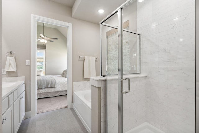 14436 Greymoore Cir, Fort Worth, TX 76008 - ensuite bathroom featuring a garden tub, a stall shower, a ceiling fan, vanity, and tile patterned flooring