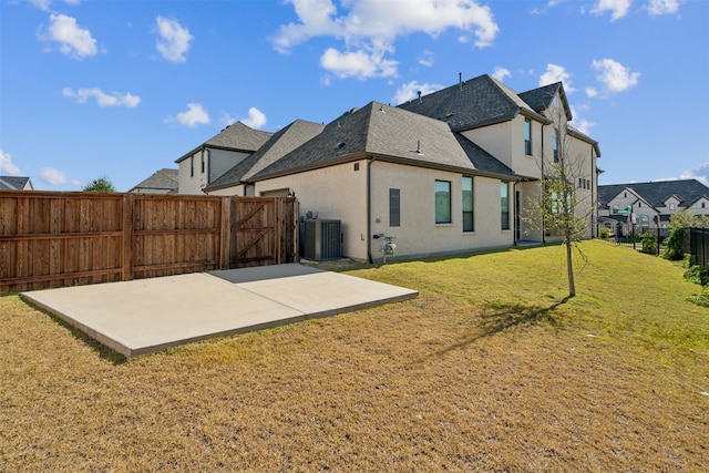 14436 Greymoore Cir, Fort Worth, TX 76008 - rear view of house featuring a patio, central AC, a shingled roof, a gate, and brick siding