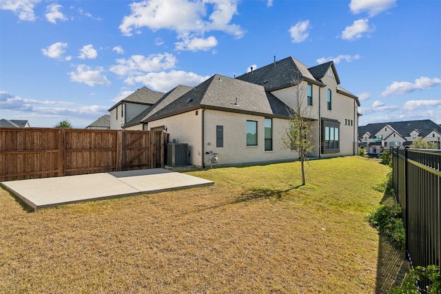 14436 Greymoore Cir, Fort Worth, TX 76008 - rear view of house featuring a patio area, central AC unit, a gate, roof with shingles, and brick siding
