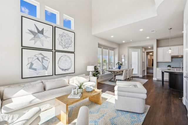 14436 Greymoore Cir, Fort Worth, TX 76008 - living room featuring dark wood-style floors and recessed lighting