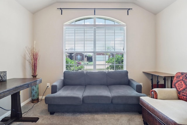 14709 Crystal Lake Dr, Little Elm, TX 75068 - living area featuring lofted ceiling, carpet flooring, and baseboards