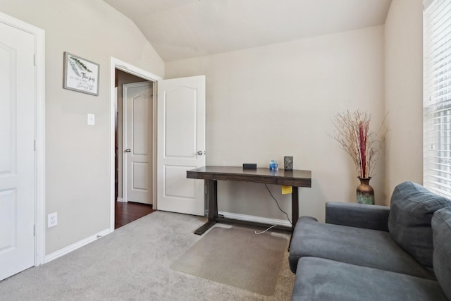 14709 Crystal Lake Dr, Little Elm, TX 75068 - carpeted home office featuring vaulted ceiling, healthy amount of natural light, and baseboards